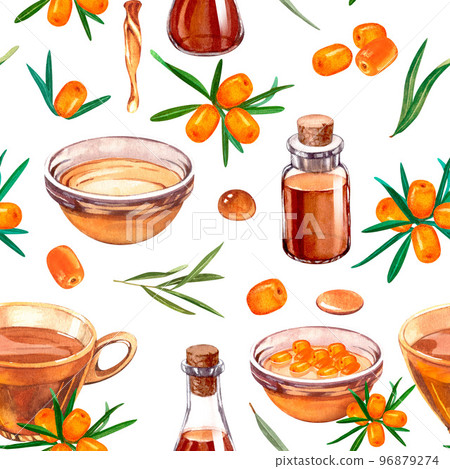 Aquarelle watercolor seamless pattern with sea buckthorn, bottle oil and cosmetics materials. Perfect for background, texture, wrapper pattern, wallpaper, frame or border. 96879274