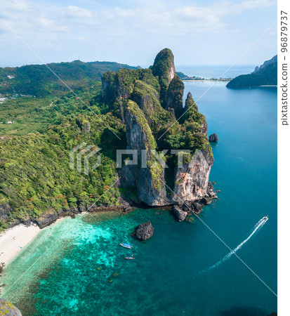 Aerial view of Nui beach in koh Phi Phi Don island, in Krabi, Thailand Aerial view of Nui beach in koh Phi Phi Don island, in Krabi, Thailand 96879737