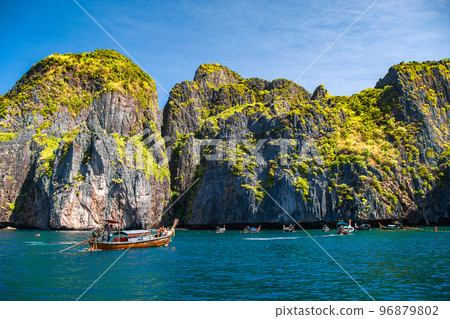 Maya Bay from the long tail boat, in koh Phi Phi, Krabi, Thailand 96879802
