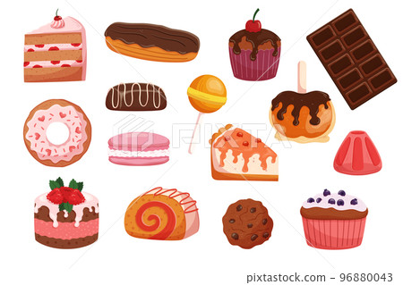 Set of Sweets And Desserts Isolated on White Background. Cake, Muffin, Macaroon, Donut Or Pie With Candy or Cookie 96880043