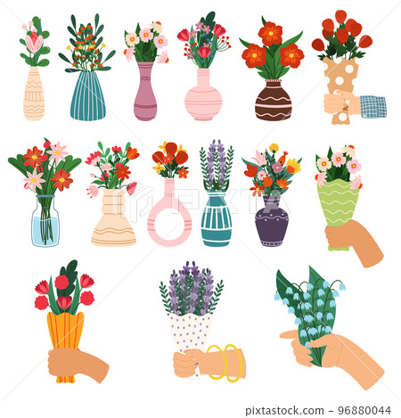 Set of Icons Beautiful Flower Bouquets, Blossom Presents and Gifts, Florist Design in Vases and Hands Hold Compositions 96880044