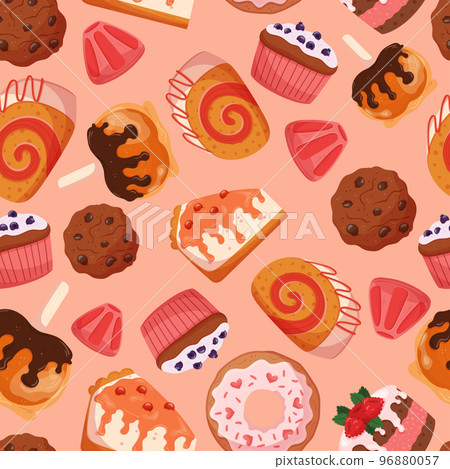 Seamless Pattern With Sweets And Desserts. Peach Colored Background With Cupcakes, Chocolate Cookies, Rolls, Muffins Seamless Pattern With Sweets And Desserts. Peach Colored Background With Cupcakes, Chocolate Cookies, Rolls, Muffins 96880057