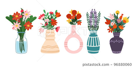 Set of Flowers Stand in Vases Isolated Icons on White Background. Beautiful Spring and Summer Blossoms in Modern Vases Set of Flowers Stand in Vases Isolated Icons on White Background. Beautiful Spring and Summer Blossoms in Modern Vases 96880060
