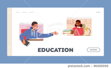 E-learning, Online Education Landing Page Template. Computer Monitors with Classmates Share Textbooks Kids Via Internet 96880098