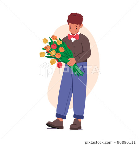 Little Boy Holding Bouquet of Beautiful Flowers. Child Character Wear Festive Clothes and Bow Tie with Tulip Blossoms 96880111