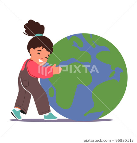 Little Baby Girl Hugging Earth Planet. Kid Character Embrace with Love Sphere with Continents and Oceans. Save Nature 96880112