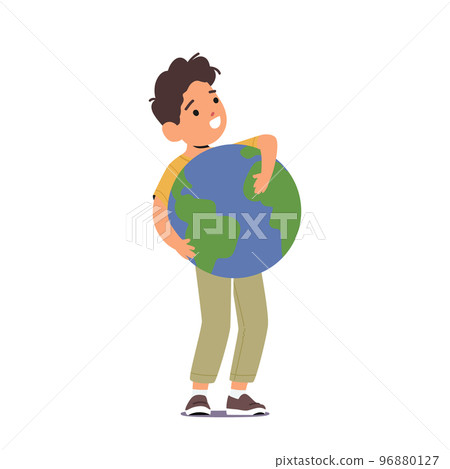 Little Boy Holding and Hugging Earth Planet. Kid Character Embrace Sphere with Continents and Oceans. Love, Care Nature Little Boy Holding and Hugging Earth Planet. Kid Character Embrace Sphere with Continents and Oceans. Love, Care Nature 96880127