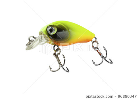 Wobbler isolated on a white background. Fishing lure for fishing. Plastic fish with hooks. Spinning bait. With Clipping Path 96880347