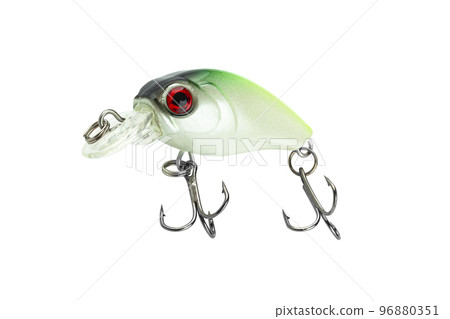 Wobbler isolated on a white background. Fishing lure for fishing. Plastic fish with hooks. Spinning bait. With Clipping Path Wobbler isolated on a white background. Fishing lure for fishing. Plastic fish with hooks. Spinning bait. With Clipping Path 96880351