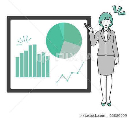 在演示文稿中顯示和解釋圖表的商務人士的插圖材料 96880909
