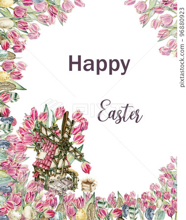 Hand drawn watercolor card template with pink tulips. Illustration of watercolor cute bunny, flowers, plants and greeting frame. Pictures for poster, invitation, postcard, background and scrapbook. Hand drawn watercolor card template with pink tulips. Illustration of watercolor cute bunny, flowers, plants and greeting frame. Pictures for poster, invitation, postcard, background and scrapbook. 96880923