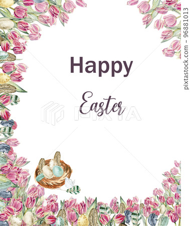 Hand drawn watercolor card template with pink tulips. Illustration of watercolor cute bunny,  flowers, plants and greeting frame. Pictures for poster, invitation, postcard, background and scrapbook. 96881013