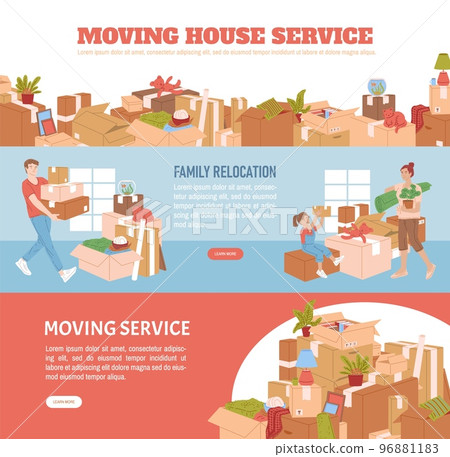 Moving house and family relocation horizontal banners or flyers, flat vector. 96881183
