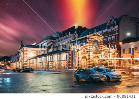 Helsinki, Finland. Bright Red-orange Starry Sky Above Old Market Hall Vanha Kauppahalli In City Center In Lighting At Evening Or Night Illumination. Famous Popular Place. Yellow-orange Dramatic Sky Helsinki, Finland. Bright Red-orange Starry Sky Above Old Market Hall Vanha Kauppahalli In City Center In Lighting At Evening Or Night Illumination. Famous Popular Place. Yellow-orange Dramatic Sky 96881431