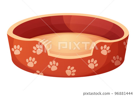 Cute dog or cat bed decorated with paw pattern in cartoon style isolated on white background. Pet accessory, comfortable crib, basket for rest. 96881444