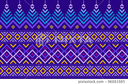 Geometric ethnic pattern, Vector embroidery ornate background, Blue and yellow Pixel retro zigzag style Geometric ethnic pattern, Vector embroidery ornate background, Blue and yellow Pixel retro zigzag style 96881985