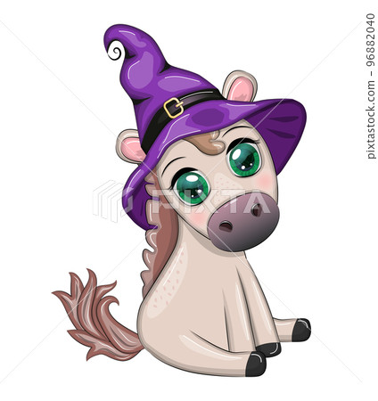 Cute horse, pony in a purple witch hat, with a broom, pumpkin, potion. Halloween card for the holiday Cute horse, pony in a purple witch hat, with a broom, pumpkin, potion. Halloween card for the holiday 96882040
