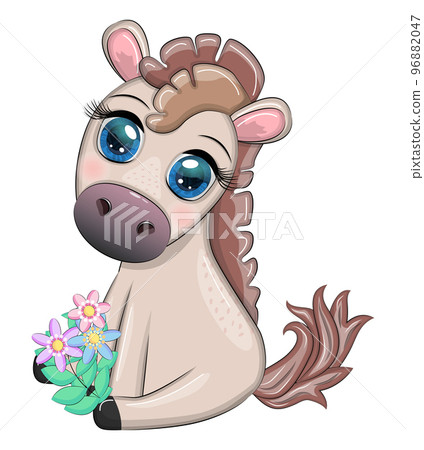 Cute cartoon horse, pony for card with flowers, balloons, heart Cute cartoon horse, pony for card with flowers, balloons, heart 96882047