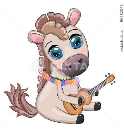 Nice horse, pony in flower wreath, hat, guitar, hula dancer from Hawaii. Summer card for the festival, travel banner Nice horse, pony in flower wreath, hat, guitar, hula dancer from Hawaii. Summer card for the festival, travel banner 96882048