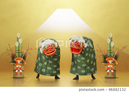 Kadomatsu and lion dance placed on a gold background / Background material for first sale / New Year sale / 3D rendering 96882132