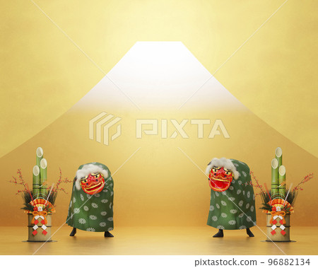 Kadomatsu and lion dance placed on a gold background / Background material for first sale / New Year sale / 3D rendering Kadomatsu and lion dance placed on a gold background / Background material for first sale / New Year sale / 3D rendering 96882134
