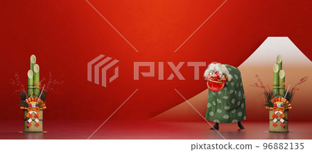 Kadomatsu 和舞獅放在紅色背景上/首次銷售的背景材料/新年銷售/3D 渲染 Kadomatsu 和舞獅放在紅色背景上/首次銷售的背景材料/新年銷售/3D 渲染 96882135
