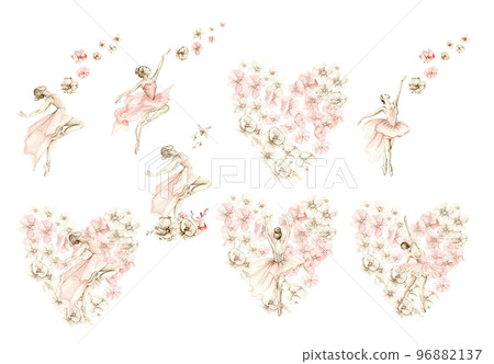 Watercolor dancing ballerina composition with flowers.Pink pretty ballerina. Watercolor hand draw illustration. Can be used for cards or posters. With white isolated background. Illustartion 96882137