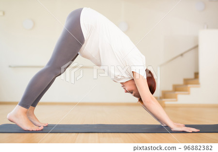 Pregnant woman is engaged in yoga. Downward Dog Pose or Adho Mukha Svanasana Pregnant woman is engaged in yoga. Downward Dog Pose or Adho Mukha Svanasana 96882382