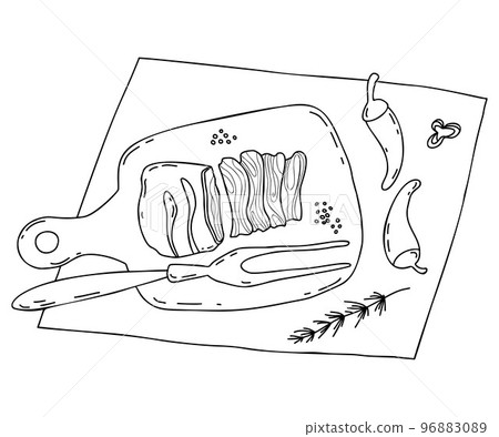 Mexican grilled meat food. Carne Asada Grilled beef, meat pieces on kitchen board with chili peppers and large fork. Vector linear drawing in doodle style of Latin American national dish. Mexican grilled meat food. Carne Asada Grilled beef, meat pieces on kitchen board with chili peppers and large fork. Vector linear drawing in doodle style of Latin American national dish. 96883089