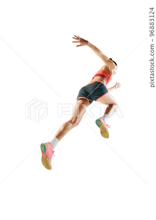 Back view. Sportive muscled woman, professional runner running away isolated on white background. Sport, fitness, competition, speed and ad 96883124
