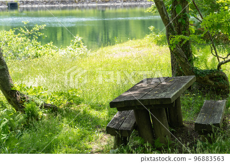 Looking out over Shimizugaike Pond from an old bench (Sasagamine Promenade) 96883563