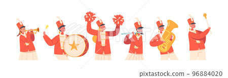 Victory Parade with Children Musician Characters Marching. Military Orchestra Playing Musical Instruments Flute, Drum 96884020