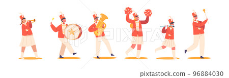 Kids Band In Red Uniform Marching on Parade. Happy Girls And Boys Play Festival Music With Drum, Brass Horn, Flute 96884030
