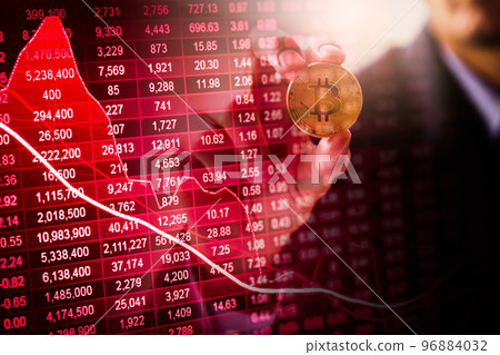 Modern way of exchange. Bitcoin is convenient payment in global economy market. Virtual digital currency and financial investment trade concept. Abstract cryptocurrency with gold bitcoin background.. Modern way of exchange. Bitcoin is convenient payment in global economy market. Virtual digital currency and financial investment trade concept. Abstract cryptocurrency with gold bitcoin background.. 96884032