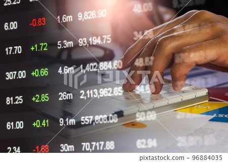 Stock market or forex trading graph and candlestick chart suitable for financial investment concept. Economy trends background for business idea and all art work design. Abstract finance background.. 96884035