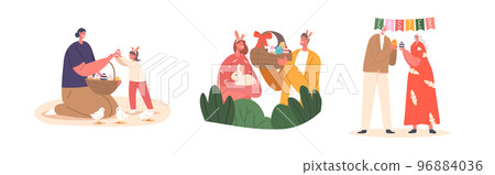Set Happy Family Easter Celebration. Parent and Child, Young and Senior Couples with Colorful Eggs, Rabbit and Basket Set Happy Family Easter Celebration. Parent and Child, Young and Senior Couples with Colorful Eggs, Rabbit and Basket 96884036