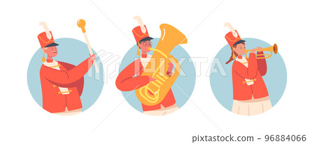 Kids Military Orchestra Conductor with Stick and Children Playing Musical Instruments Trumpet and Tuba Isolated Icons Kids Military Orchestra Conductor with Stick and Children Playing Musical Instruments Trumpet and Tuba Isolated Icons 96884066