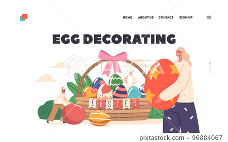 Egg Decorating Landing Page Template. Happy Family Celebrate Easter. Mother with Children near Huge Basket Egg Decorating Landing Page Template. Happy Family Celebrate Easter. Mother with Children near Huge Basket 96884067