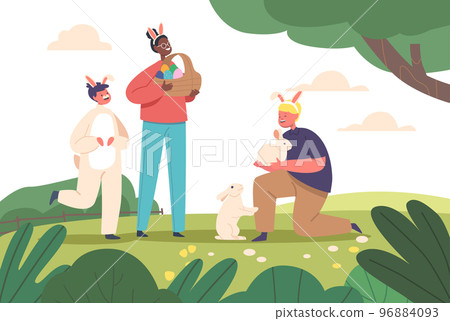 Happy Kids with Cute Rabbits and Painted Colorful Eggs in Basket during Easter Hunt Event in Spring Garden, Outdoors Fun 96884093