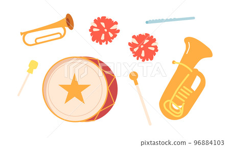 Set of Music Instruments for Orchestra. Horn, Tuba, Drum and Flute with Pompons and Conductor Stick Isolated on White 96884103