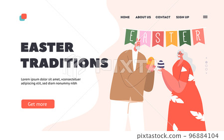 Easter Traditions Landing Page Template. Senior Couple Characters Celebrate Easter. Aged Man and Woman Wear Rabbit Ears 96884104