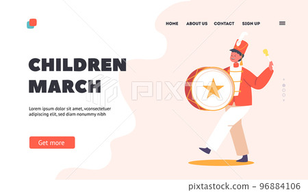 Children March Landing Page Template. Musician Boy Character Walking and Playing Drum. Orchestra Playing Instrument 96884106