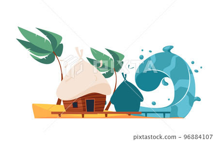 Tsunami Natural Disaster At Tropical Landscape With Hut And Palm Trees Under Huge Wave And Storm With Strong Wind 96884107
