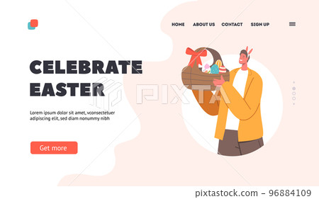 Easter Holiday Celebration Landing Page Template. Adult Man with Painted Egg in Wicker Basket. Male Character with Eggs Easter Holiday Celebration Landing Page Template. Adult Man with Painted Egg in Wicker Basket. Male Character with Eggs 96884109