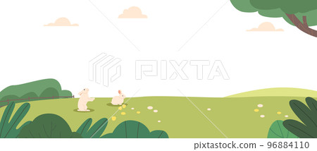 Cute Rabbits on Green Meadow at Spring Day. Nature Landscape Background with Funny Bunny Animals at Forest Field Cute Rabbits on Green Meadow at Spring Day. Nature Landscape Background with Funny Bunny Animals at Forest Field 96884110