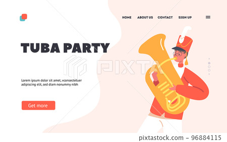 Tuba Pary, Parade Marching Landing Page Template. Happy Boy Play Festival Music With Tuba. Kid Character in Uniform 96884115