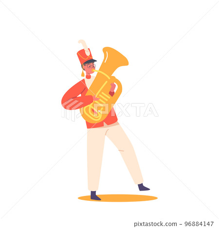 Happy Boy Play Festival Music With Tuba during Parade Marching Isolated On White Background. Kid Character in Uniform 96884147