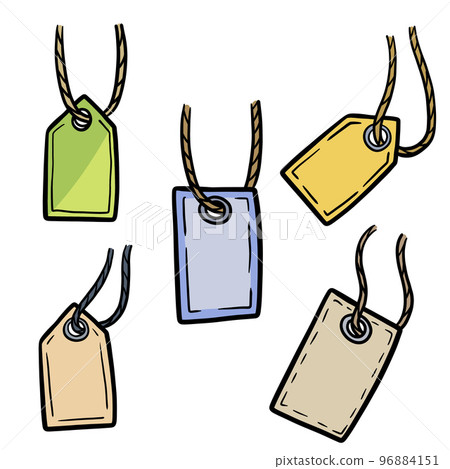 Cardboard label with rope. Empty template for cardboard tag for Sale and retail. Hand-drawn store price. Outline cartoon illustration 96884151