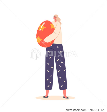 Adult Woman with Huge Painted Egg Prepare for Easter Holiday Celebration. Female Character Decorate Eggs for Event 96884164
