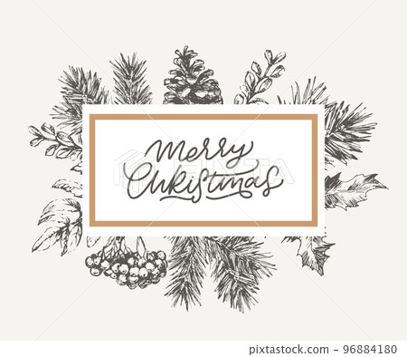 Merry Christmas and Happy New Year Abstract Botanical Card with Square Frame Banner and Modern Typography. Green and Pink Pastel Colors Greeting Layout. Isolated. 96884180